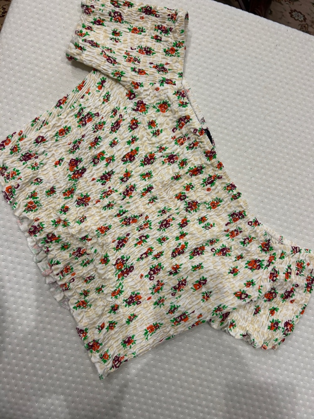 Topshop Cream Smocked Floral Crop Top with Red & Green Dainty Flowers-sz 10